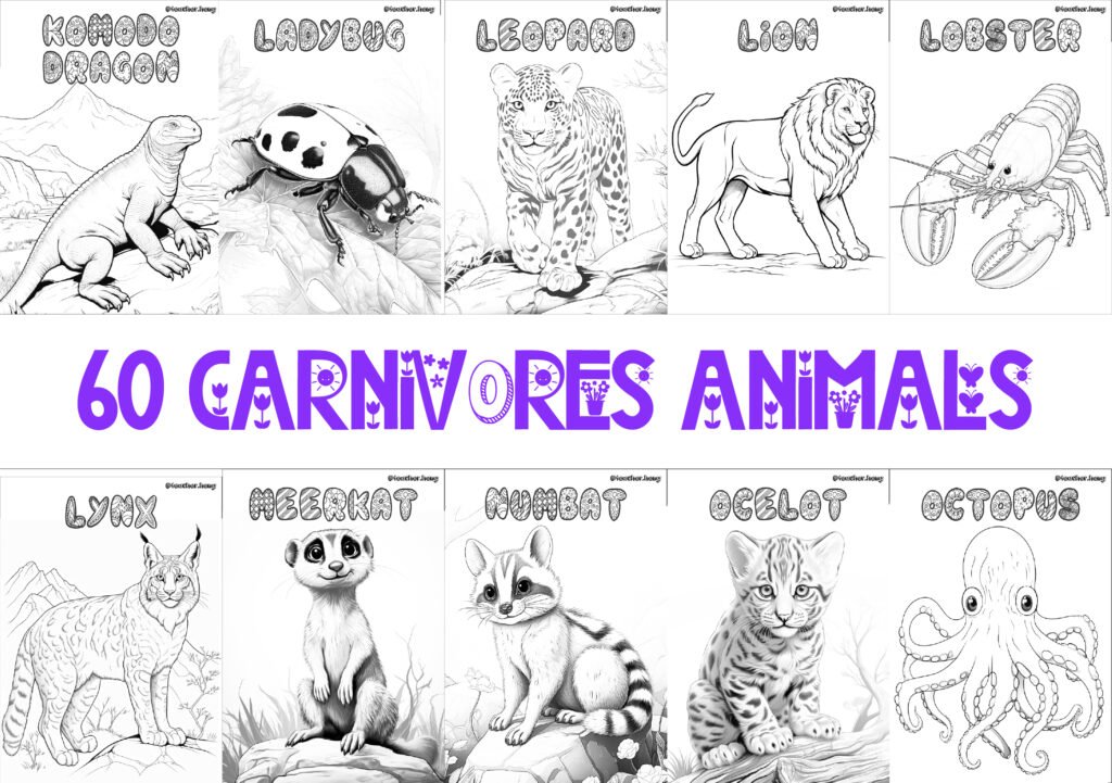 COLORING BOOK | FLASHCARDS - 60 CARNIVORE ANIMALS