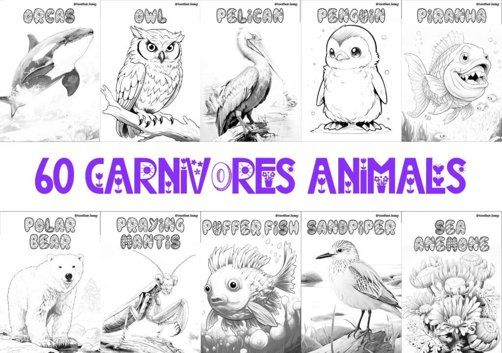 COLORING BOOK | FLASHCARDS - 60 CARNIVORE ANIMALS
