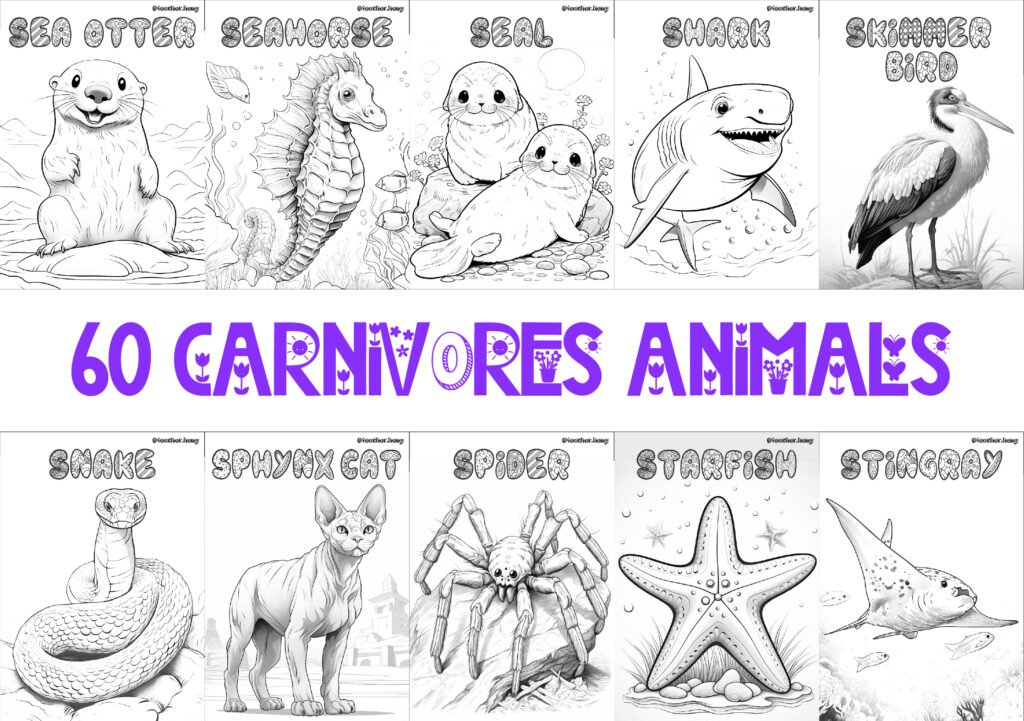 COLORING BOOK | FLASHCARDS - 60 CARNIVORE ANIMALS