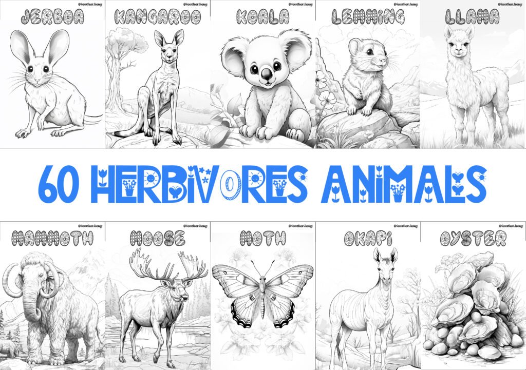 COLORING BOOK | FLASHCARDS - 60 HERBIVORE ANIMALS