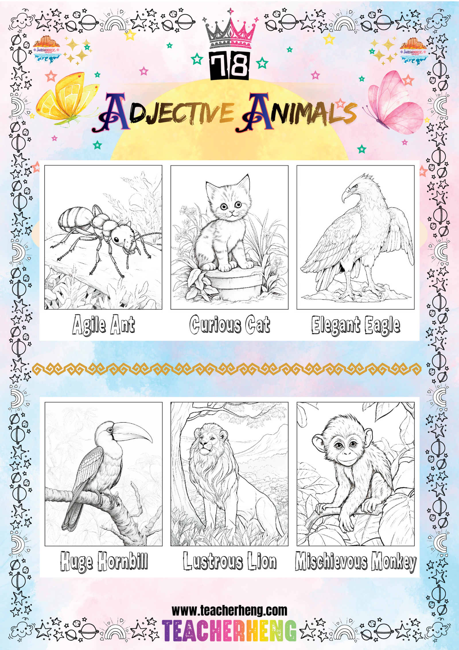 78 Adjective Animals Coloring Flashcards