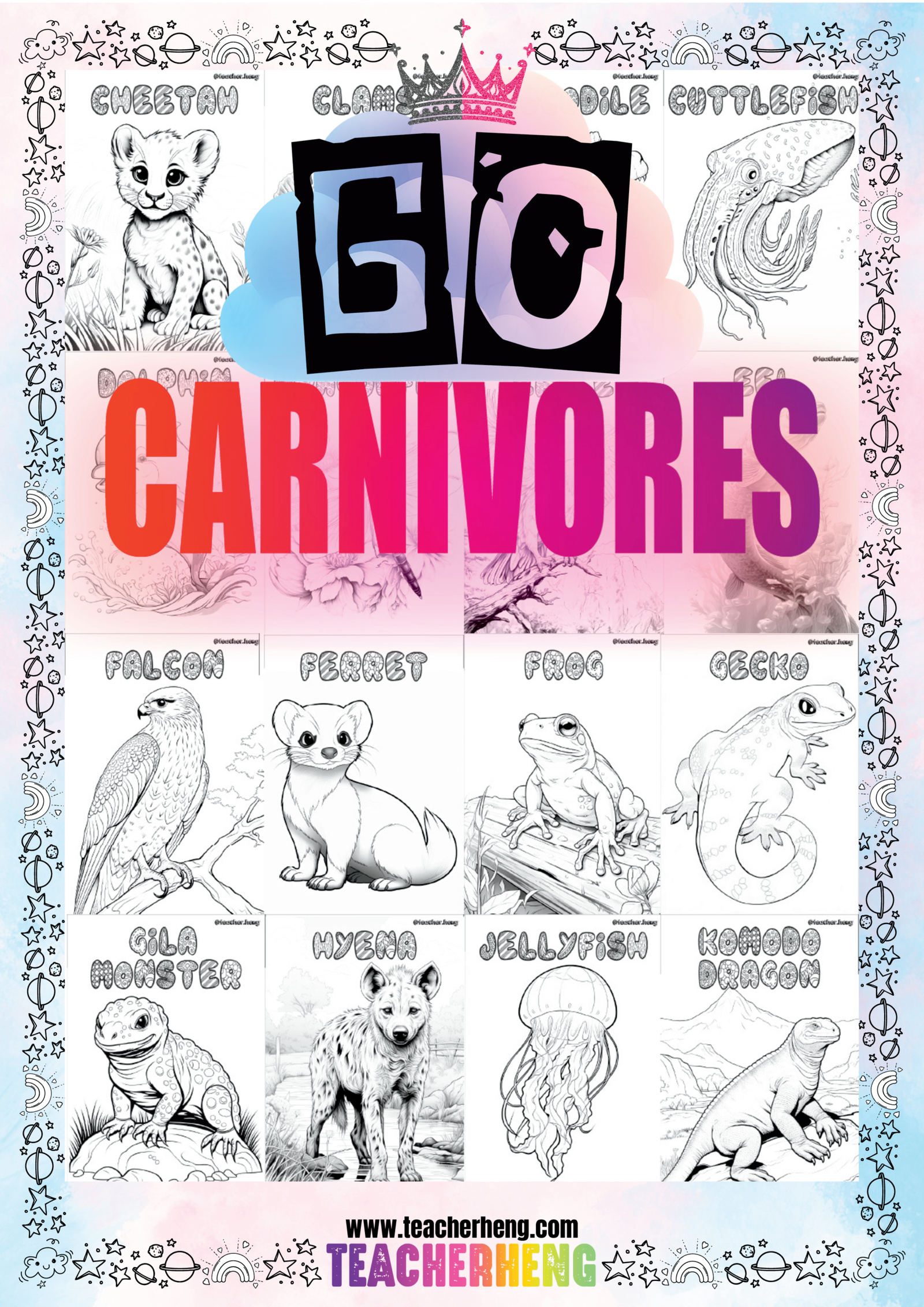 60 Carnivore Animals Coloring Flashcards